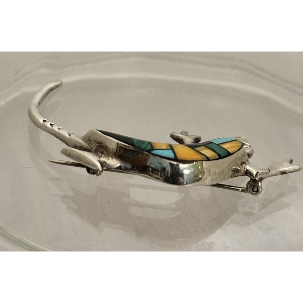 Leonard Martza ZUNI Sterling Inlay Spiny Oyster/Turquoise/Onyx LIZARD Brooch - Picture 5 of 7